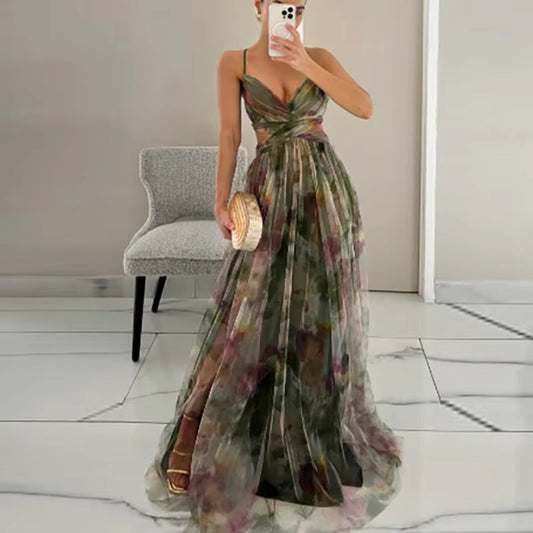 Elegant Pleated Mesh Evening Dress – Off Shoulder, Backless, High Waist Long Vacation Dress for Women